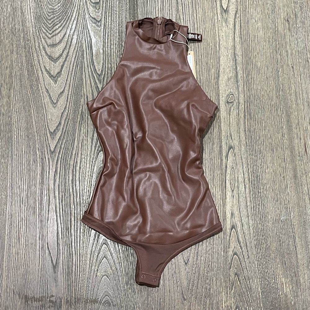NWT Skims Faux Leather Sporty High Neck Bodysuit Sleeveless Thong Back Cocoa XXS
